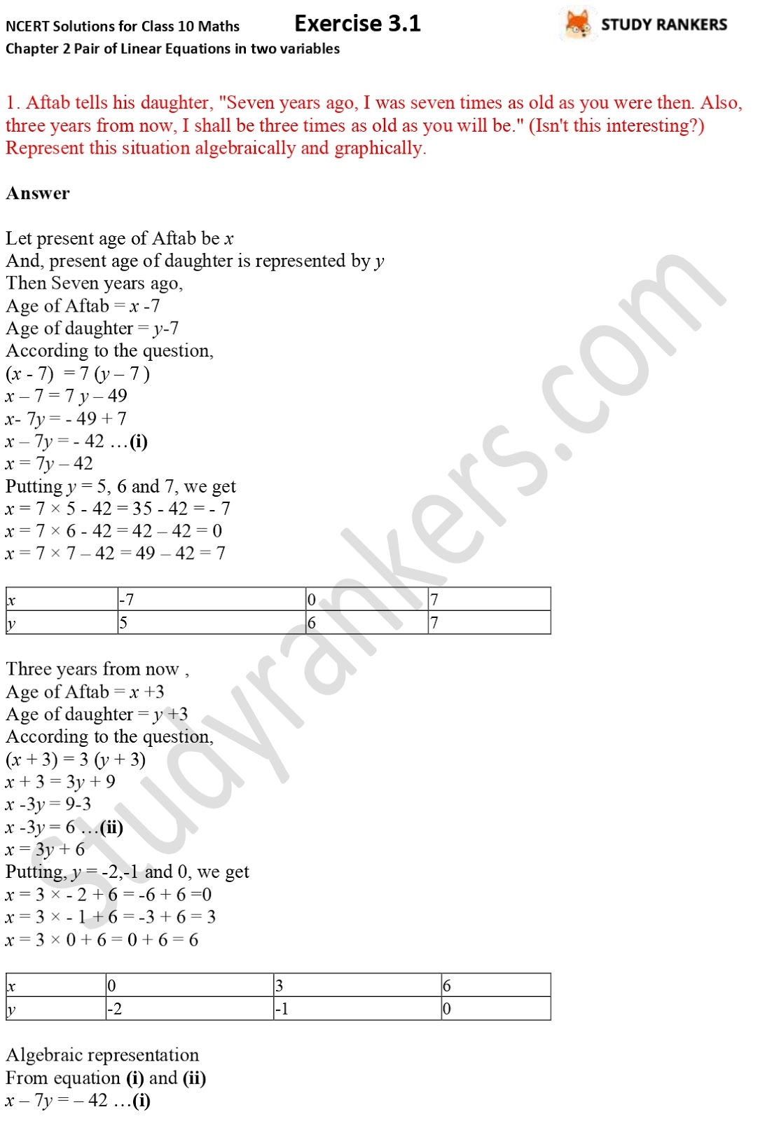 Ncert Solutions For Class 10 Maths Chapter 3 Pair Of Linear Equations In Two Variables Exercise 3 1