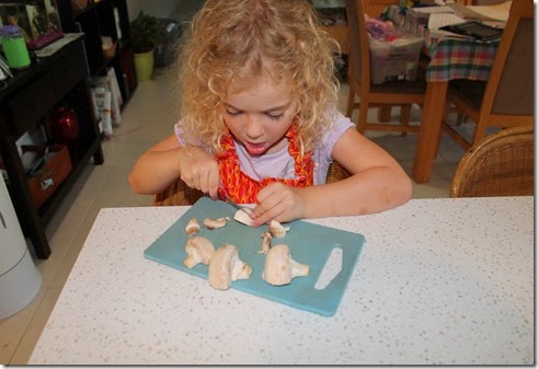 Bear cutting mushrooms for vegie pancakes