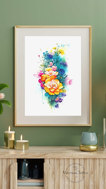 Watercolor painterly painting of wild flowers to charge up any interiors, by Biju P Mathew, varnachitra, suitable for any interiors