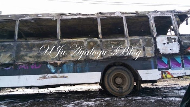 Bus fully loaded with Deeper Life members catches fire in Lagos (PHOTOS)