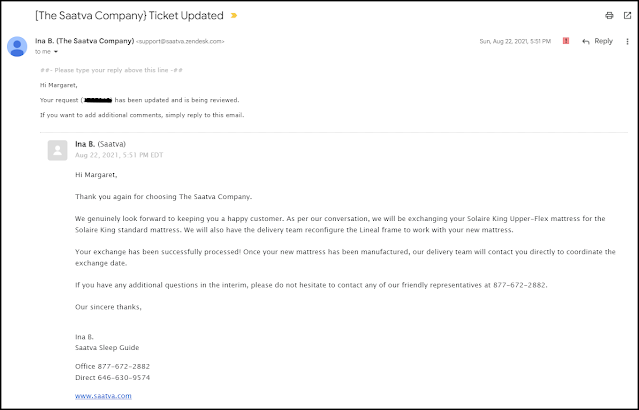 Email support ticket update - confirmation of mattress exchange and adjustable base reconfiguration