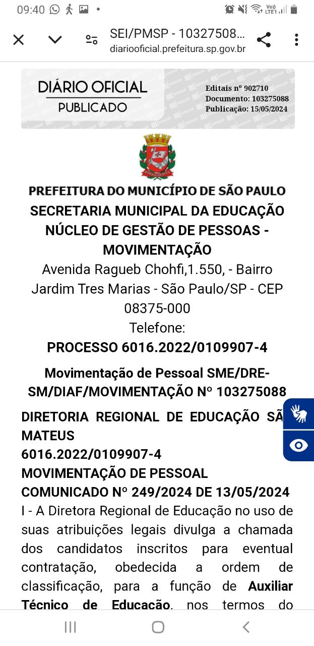 DRE SÃO MATEUS: chamada de Auxiliar Técnico de Educação (não concursado)