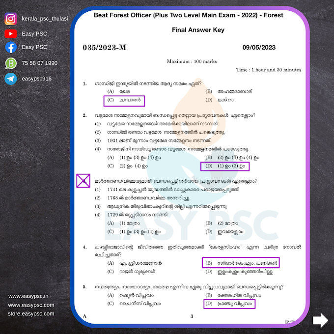 035/2023 - BEAT F0REST OFFICER (Plus Two Level Main Exam-2022) – Answer Key