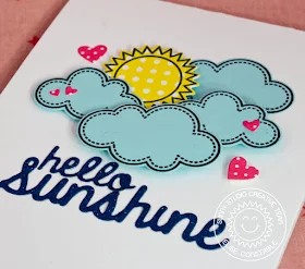 Sunny Studio: Hello Sunshine card by Elise Constable (using Rain or Shine, Stitched Hearts & Sunny Sentiments stamps and Sunshine word die)