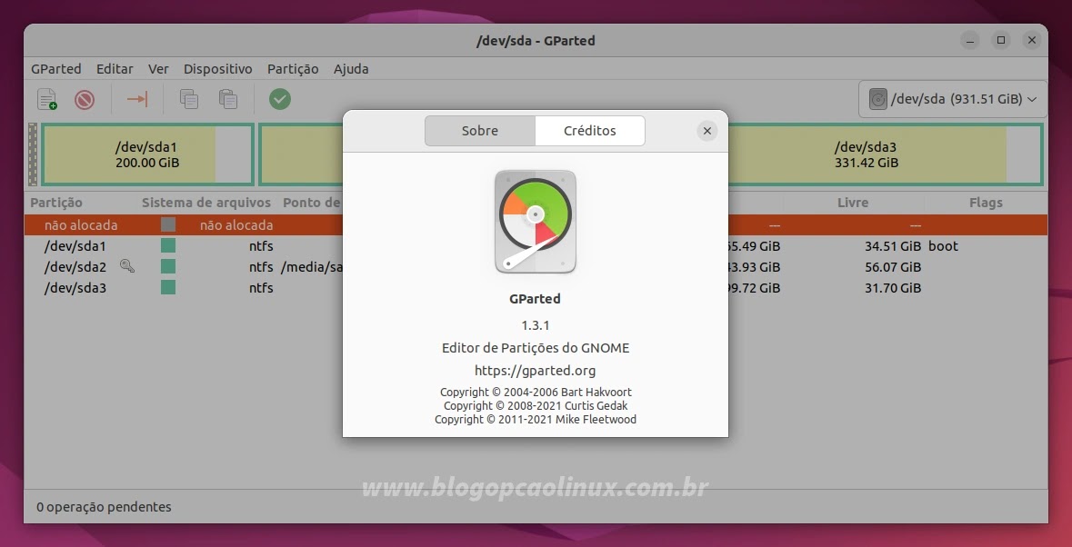GParted executando no Ubuntu 22.04 LTS (Jammy Jellyfish)