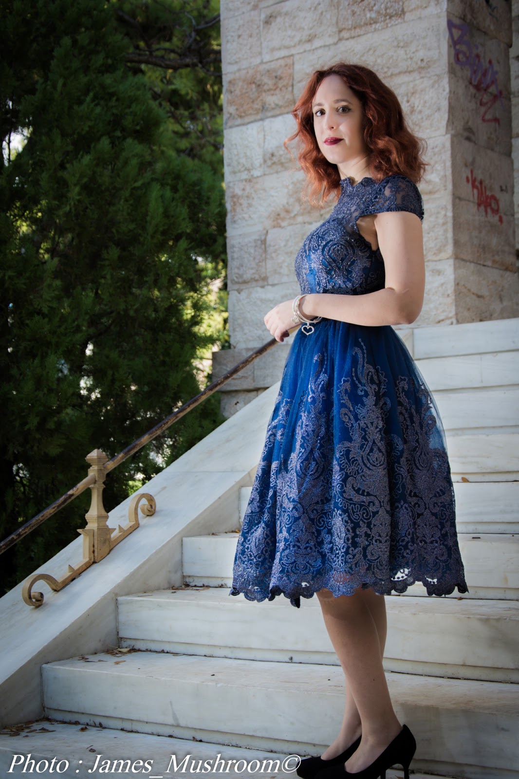 spotlights on the redhead, redhead, model, blogger, review, pretty, anna keni, anna, hot,sexy, chichi London,review occasion dress, navy, blue, lace,midi, white, laser-cut, ashley bridget,james mushroom