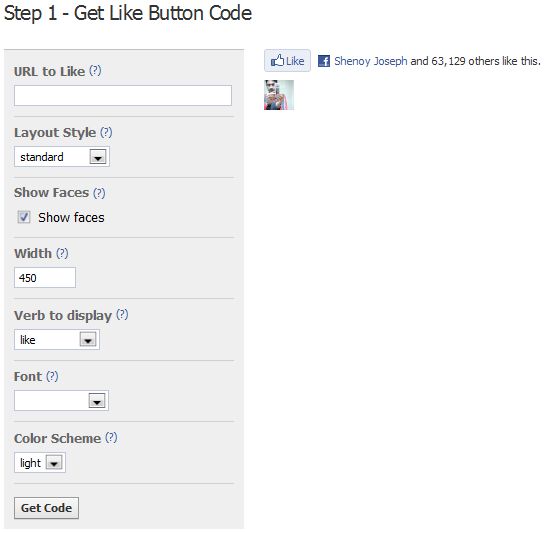 facebook like button code. Choose the options that you like and click on Get Code. Facebook Like Button