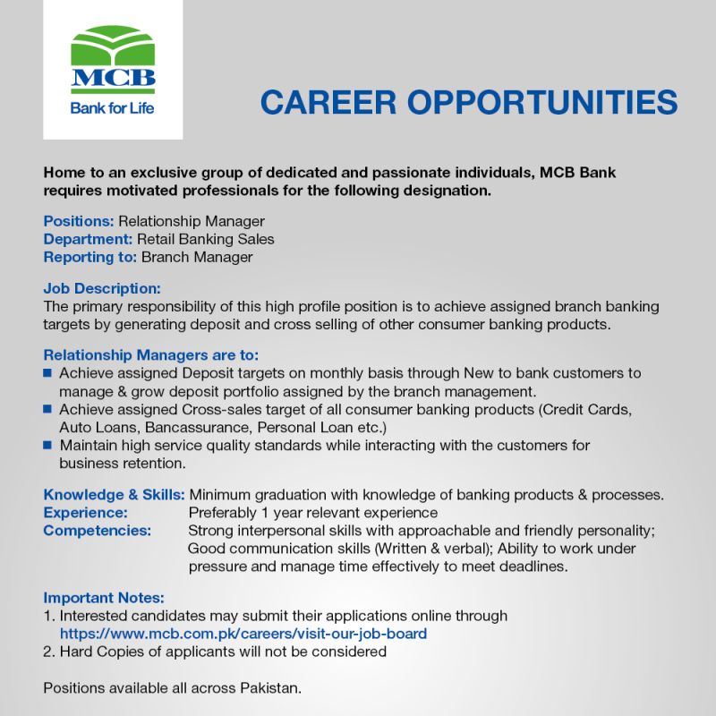 MCB Bank Ltd Jobs For Relationship Managers 2022 – Apply Online via www.mcb.com.pk