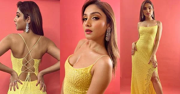 Donal Bisht cleavage yellow dress filmfare awards