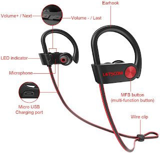 LETSCOM Bluetooth Headphones IPX7 Waterproof, Wireless Sport Earphones, HiFi Bass Stereo Sweatproof Earbuds w/Mic, Noise Cancelling Headset for Workout, Running, Gym, 8 Hours Play Time