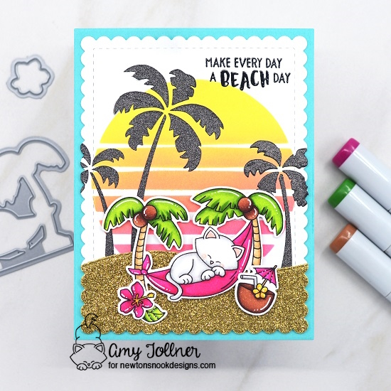 Make every day a beach day by Amy features Aloha Newton, Retro Sun & Palms, Frames & Flags, and Land Borders by Newton's Nook Designs; #inkypaws, #newtonsnook, #cardmaking, #cardchallenge, #catcards, #summercards