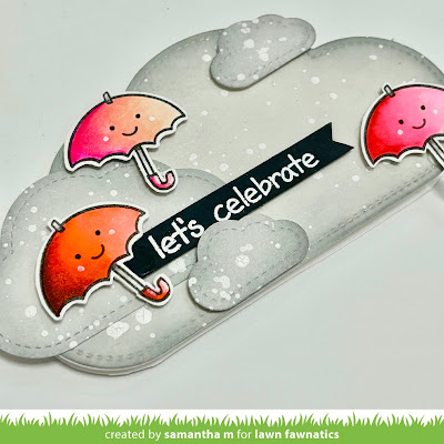 Let's Celebrate Cloud Shaped Card by Samantha M for Lawn Fawnatics Challenge, Baby Card, Baby Shower, Card Making, Handmade Cards, Shaped Cards, Distress Inks, Ink Blending #lawnfawnatcis #lawnfawn #distressinks #inkblending #babyshowercard #babycard #shapedcard