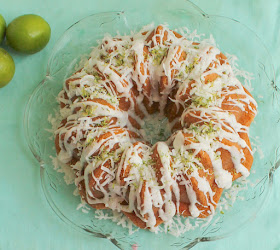 Food Lust People Love: Sweet flaked coconut, coconut milk and the zest and juice of fresh limes give this lime coconut Bundt cake rich flavor and zip. Like a bite of your favorite tropic vacation in every mouthful.
