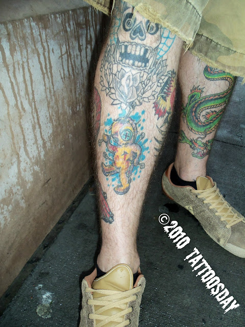 He has thirteen or fourteen tattoos and shared one from his right leg