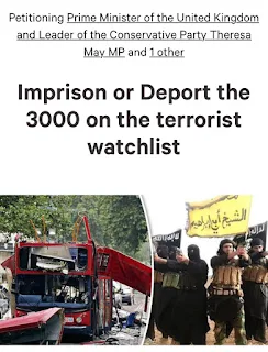 A petition screenshot saying: Imprison or deport the 3000 on the terrorist watchlist