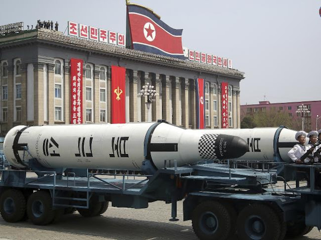 A submarine-launched ballistic missile is displayed in Kim Il-sung Square during a military parade in Pyongyang, North Korea. 
