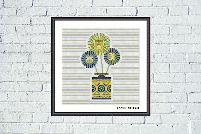 Striped vase with abstract flowers cross stitch pattern - Tango Stitch