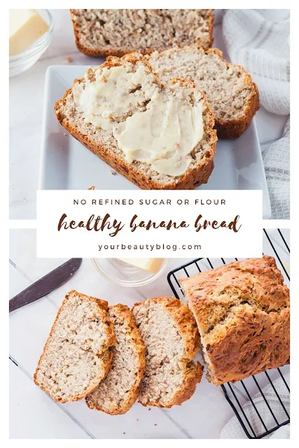 Easy healthy banana bread recipe. This moist homemade recipe can be made in one bowl. Make a skinny quick bread with white whole wheat flour, no sugar, no nuts and eggless. This is the best recipe for a banana bread with low calories. It can also be made into muffins or mini loaves. #bananabread #healthy #skinny