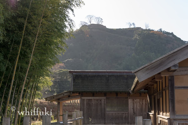 復元された建物と山の上に石垣が見える