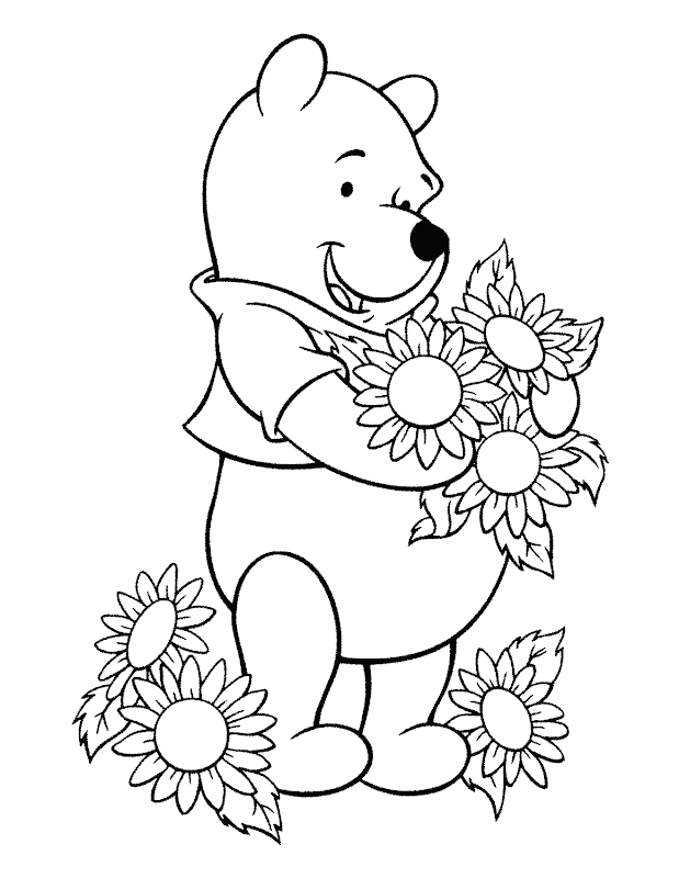 gambar mewarnai winnie the pooh dan bunga