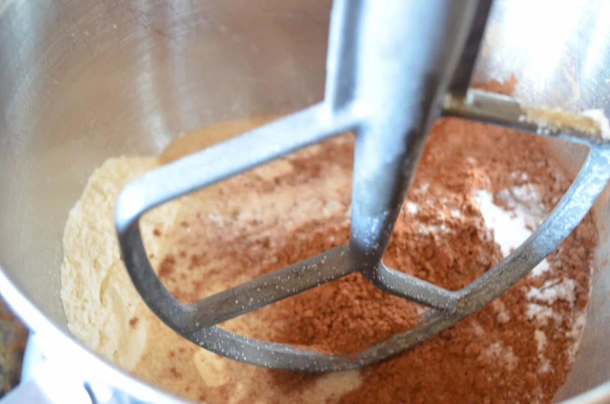 Flour, Sugar, Cocoa Powder, Baking Powder, Baking Soda, and Salt in a stainless steel mixing bowl with a paddle attachment.