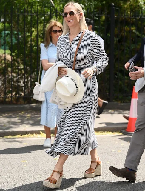 Zara Tindall wore a striped midi dress by ME+EM. Her sister Annabel Elliot accompanied Queen Camilla. Zara Tindall and Mike Tindall