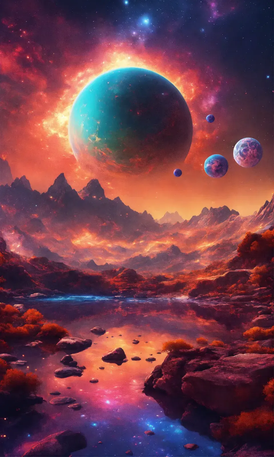 Sunset with glowing Turquoise Planet and Moons
