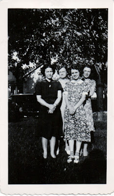 Climbing My Family Tree: My paternal grandfather’s sisters and his mother, left to right: Hazel, his mother Myrtle (Wilcox), Lucille, and Irma, taken June 20, 1940.