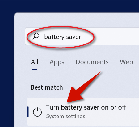 The second step is to type battery saver in the search bar and then select the appropriate option from the results.