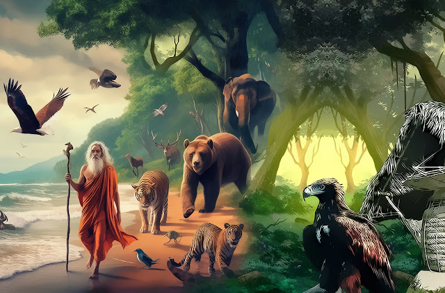Sage Nishakara with animals and Sampaati waiting for him at his hermitage