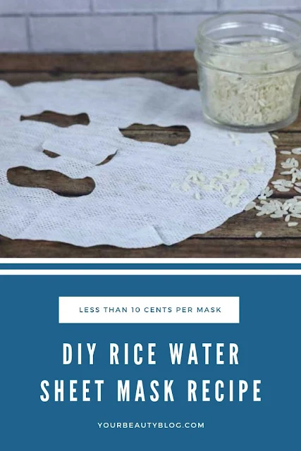 How to make a DIY rice water sheet mask at home. Add this Korean inspired beauty product to your skin care routine. Rice water has many benefits for skin. It's hydrating, shrinks pores, and moisturizes the skin. This is the best and easy recipe for home made face masks.  Make a face mask for less than 10 cents at home!  Also inclues other uses for rice water for skin and for hair. #ricewater #kbeauty #koreanbeuaty #sheetmask