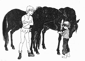 The boys with two horses, image by Ilon Wikland from the book The Brothers Lionheart