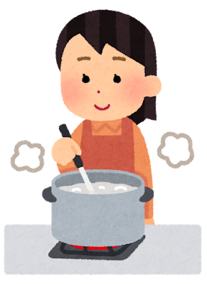 食材を茹でている人のイラスト（女性・お玉）