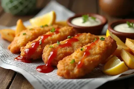 Golden crispy fish and potato wedges with dipping sauces on rustic table
