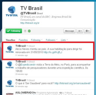 Twitter da TV Brasil usado contra Aécio Neves
