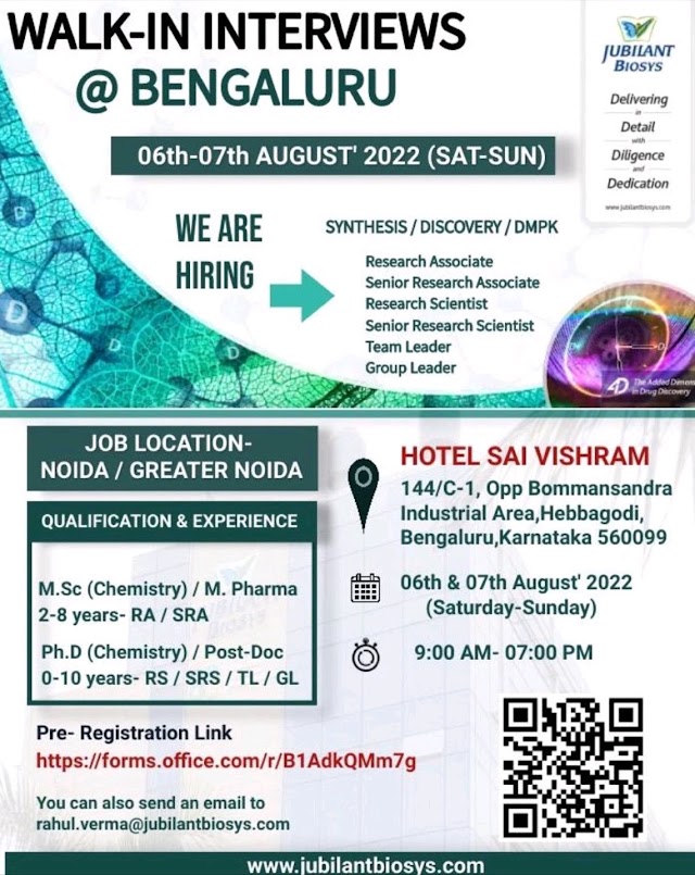 Jubilant Biosys | Walk-in interview at Bangalore for Noida Location on 6th & 7th Aug 2022