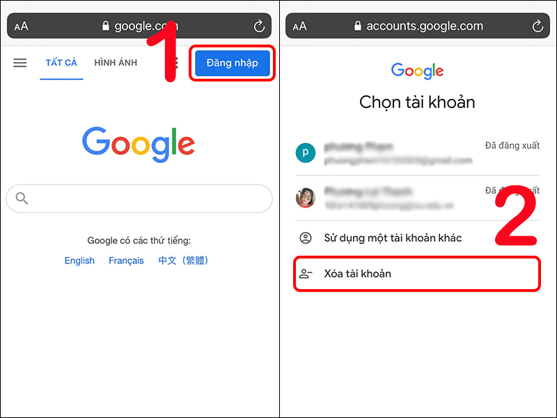 Nhấn chọn Đăng nhập và chọn Xóa tài khoản