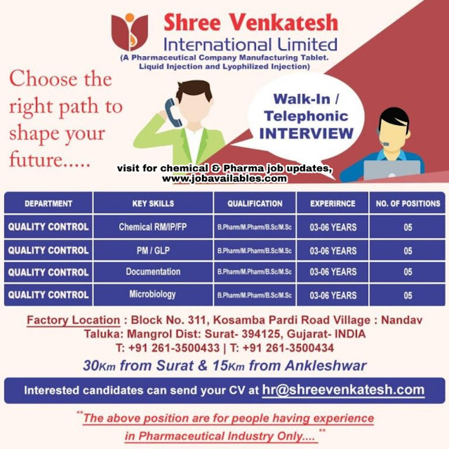 Job Availables, Shree Venkatesh International Ltd Gujarat Telephonic Interview For MSc/ BSc/ M.Pharm/ B.Pharm For QC Department