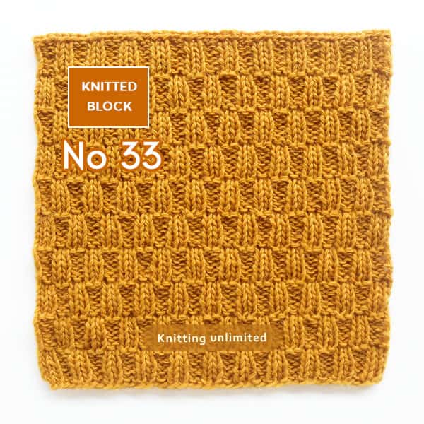 Knitted Square Pattern no 33. This stitch pattern creates a fabric with a ribbed texture that is reversible.