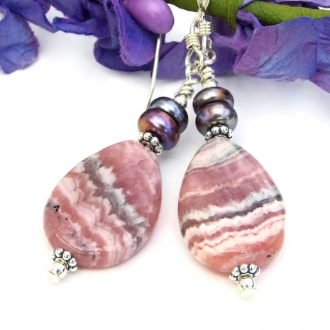 teardrop earrings rhodochrosite pearls pink grey gray