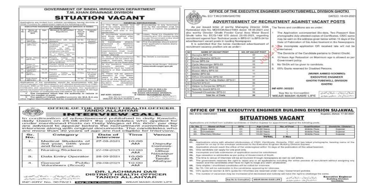 Today Newspaper Jobs Health Department Irrigation Department Multiple Jobs 2021