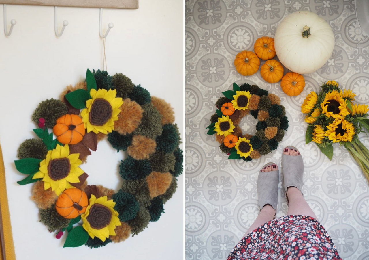 DIY Autumn home decor you can make yourself on a budget. Fall crafts and decor inspiration. From Autumn leaf garlands to wreaths and a pumpkin doormat
