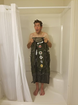 Sean Morton in shower cleaning gear on Great Trail.