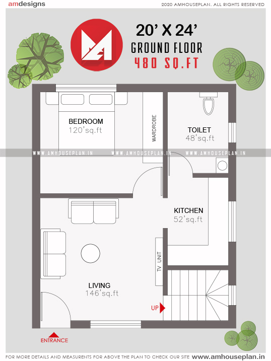 20 x 24 one BHK small indian house plan