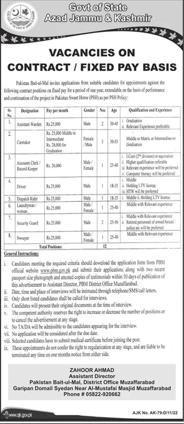 Pakistan Bait ul Mal PBM Jobs 2022 in Muzaffarabad Latest Advertisement