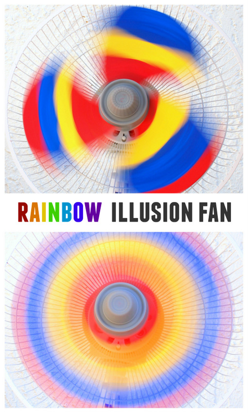 how to paint a fan with 3 colors (red, yellow, and blue) and when it turns on... poof! A rainbow appears!