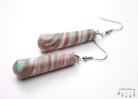 Boucles d'oreilles pâte polymère Mokume Gane Blanc Rose Antique Taupe Vert Feuilles d'Argent Stenna Création