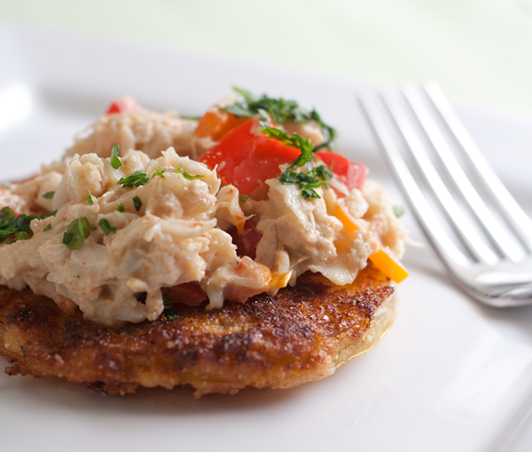 Sriracha Crab Ravigote over Fried Green Tomatoes