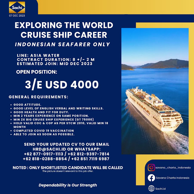 Info Job Pelaut Master Class I AHT dan Third Engineer Cruise Ship