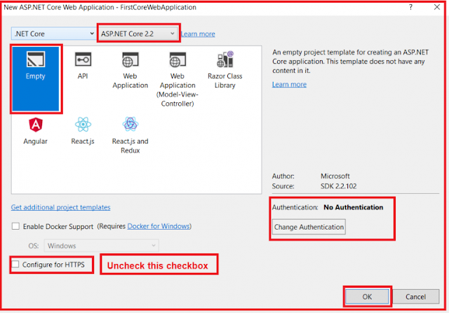 Selecting Project Template ASP.NET Core launchSettings.json file